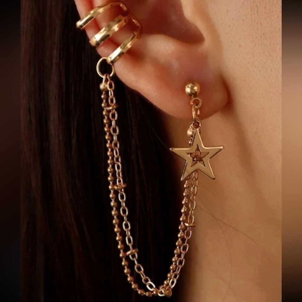 Gold 1-pc Star Chain Ear Cuff Earring